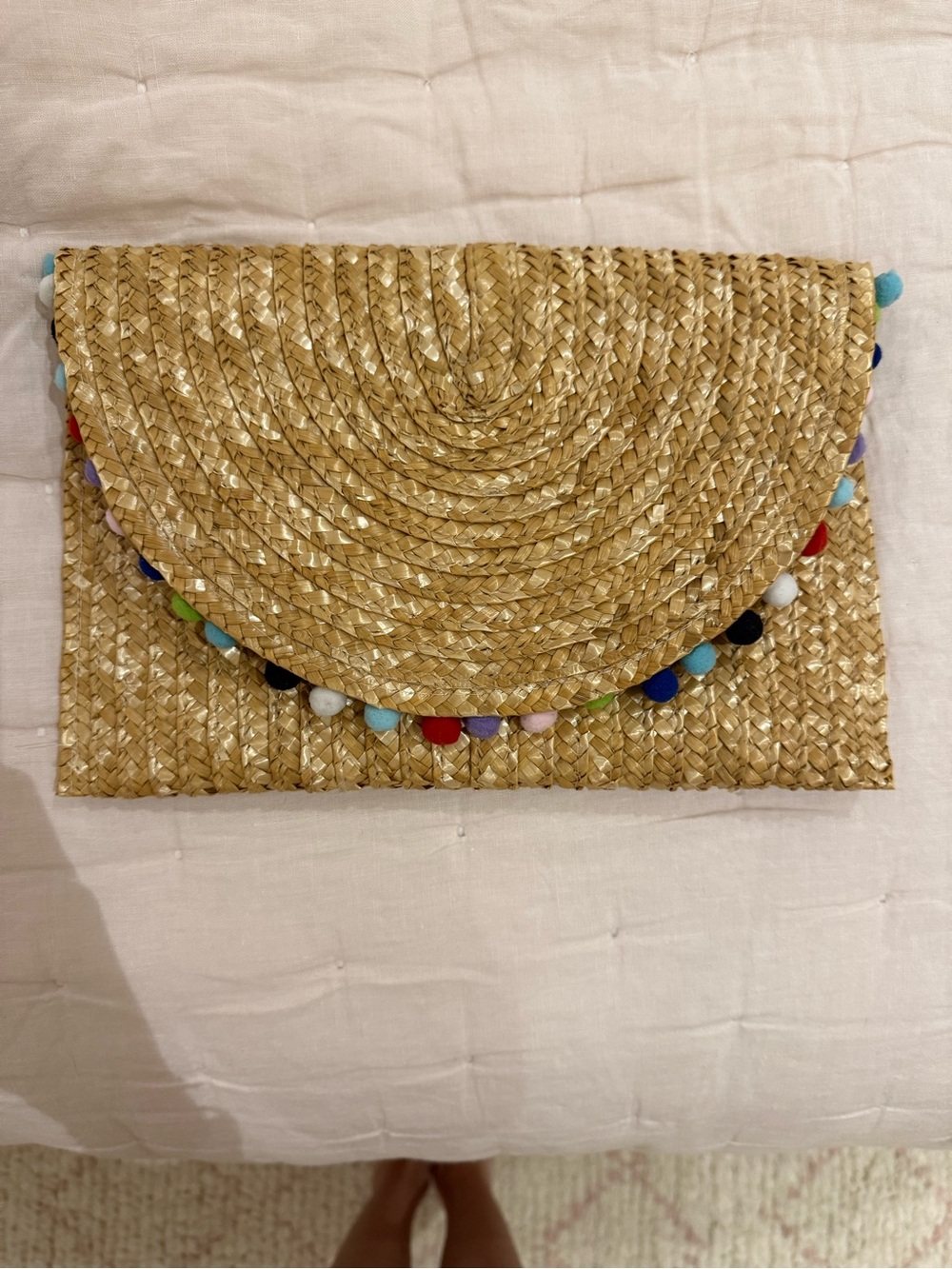 Shiraleah Straw Clutch with Multicolor Pom Trim